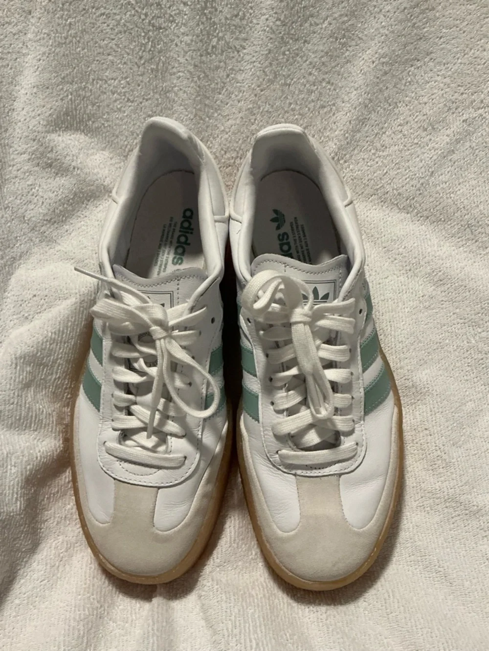 adidas Samba White Sneakers with Mint Green Stripes and Gum Sole - Picture 1 of 7